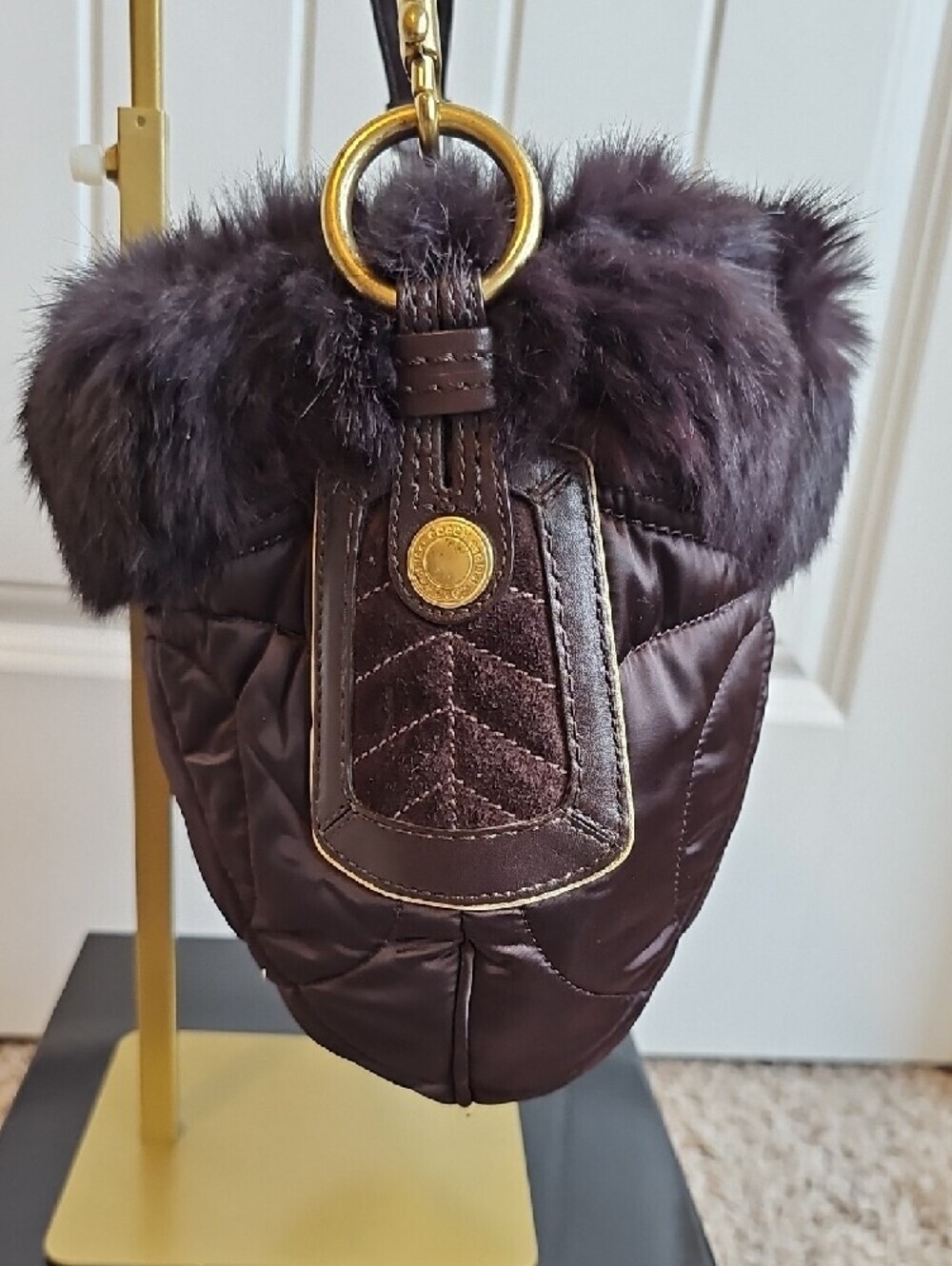Coach Vintage SoHo Quilted Satin & Rabbit Fur Ski Hobo Bag Brown #3586 Like New - Picture 6 of 11